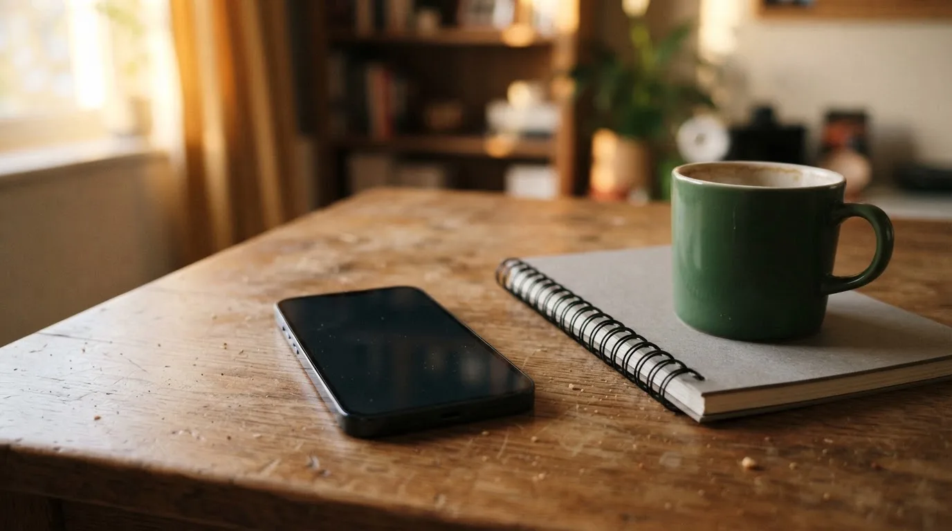 Ein Smartphone liegt mit dunklem Display auf einem Schreibtisch neben einem Notizbuch und einer Kaffeetasse.