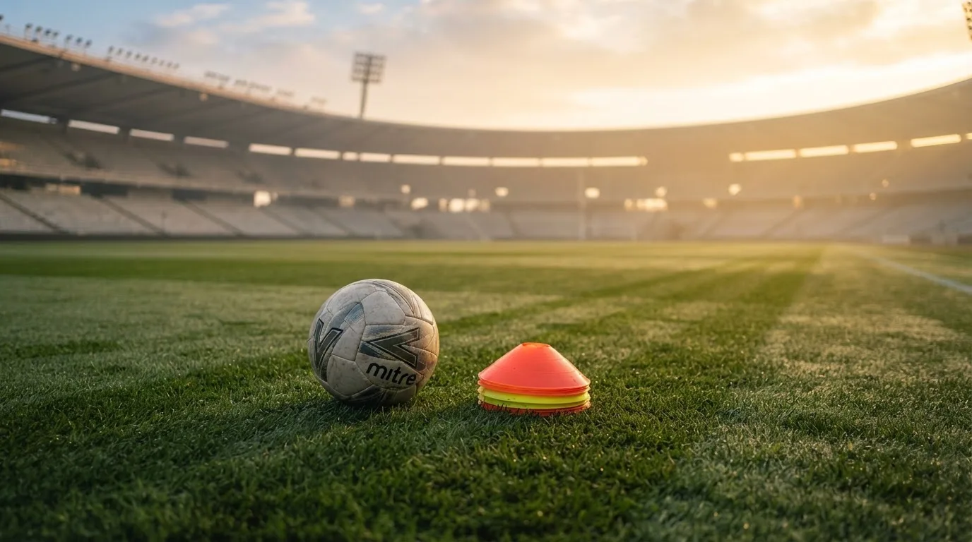 Ein Fußball liegt auf einem Rasenplatz bei Sonnenaufgang, daneben ein kleiner Stapel Trainingshütchen.