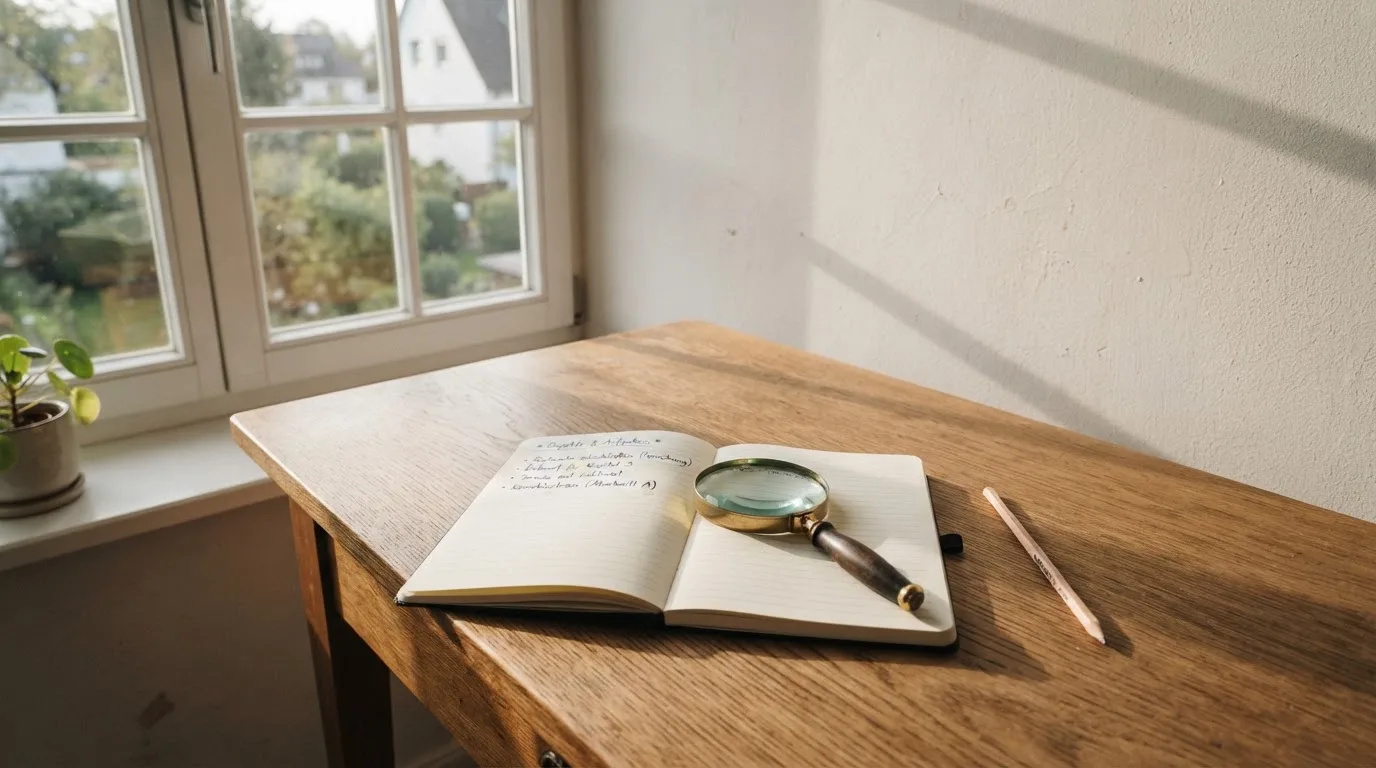 Ein schmaler Schreibtisch am Fenster mit einem Notizbuch, einer Lupe und einem Bleistift im Morgenlicht.