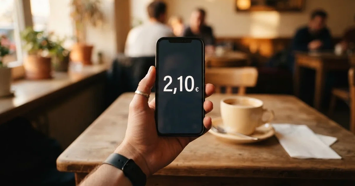 Eine Hand hält ein Smartphone mit dunklem Display, im Hintergrund unscharf ein Café-Tisch mit einer Tasse.