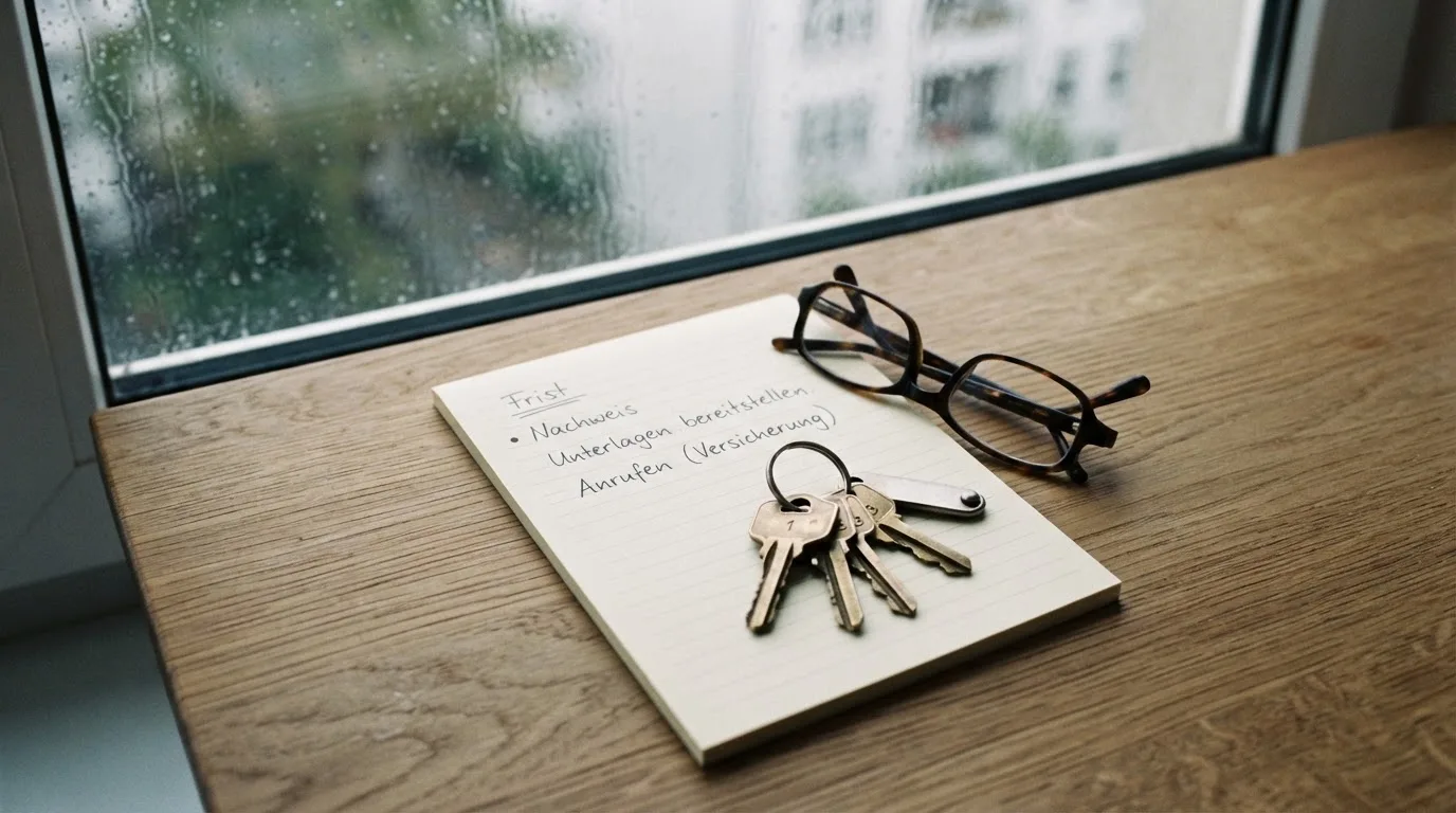 Ein Schlüsselbund und eine Brille liegen auf einem leeren Block neben einem Fenster mit Regentropfen.