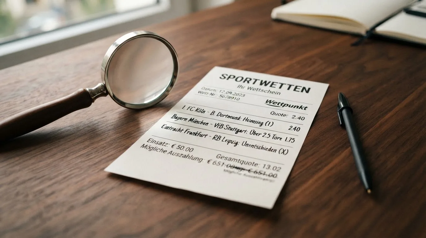 Ein leerer Wettschein aus Papier und ein Kugelschreiber liegen auf einem Schreibtisch neben einer Lupe.