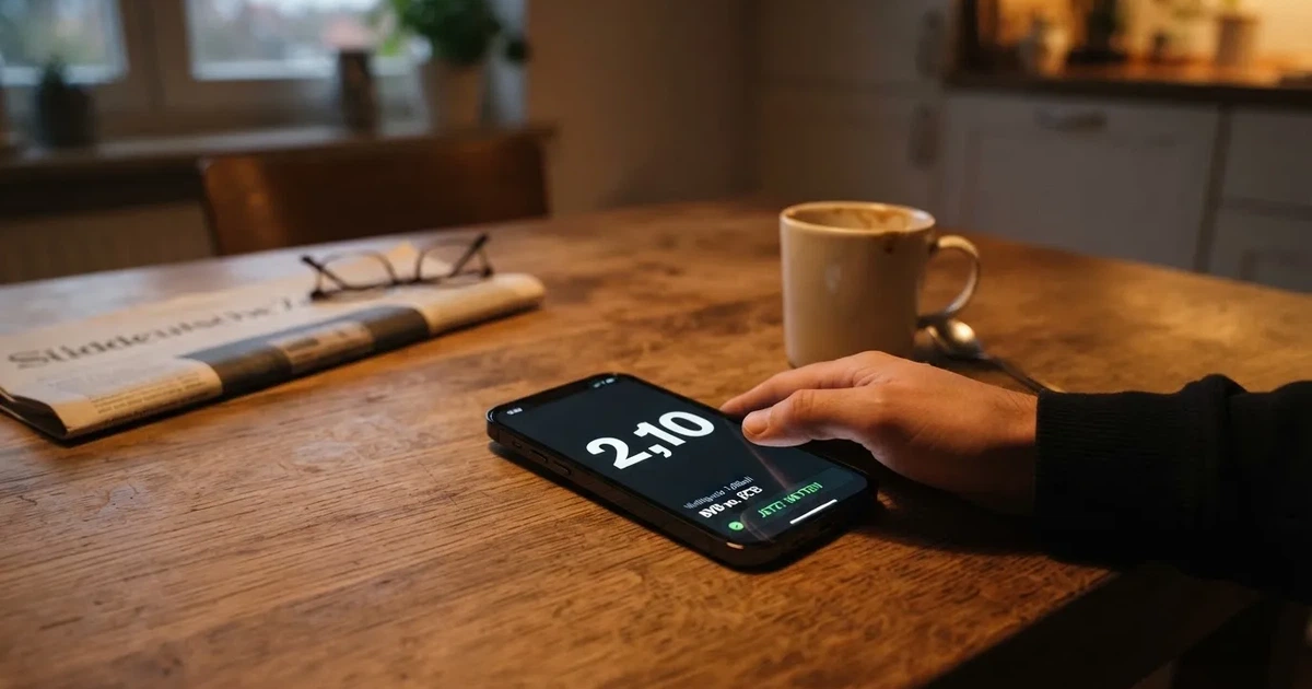 Ein Daumen schwebt über einem Smartphone mit dunklem Display, das auf einem Küchentisch neben einer Tasse liegt.
