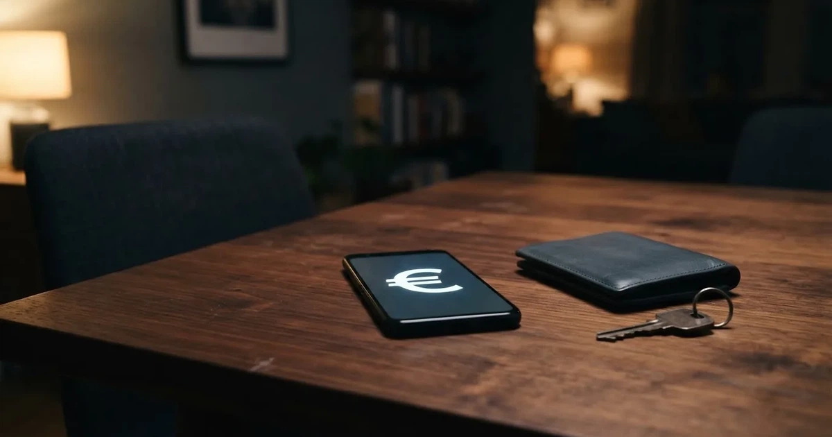 Ein Smartphone mit dunklem Display liegt neben einer Geldbörse und einem Schlüssel auf einem Tisch.