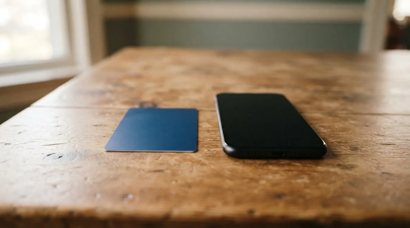 Eine Bankkarte ohne Aufdruck liegt neben einem Smartphone mit dunklem Display auf einem Holztisch.