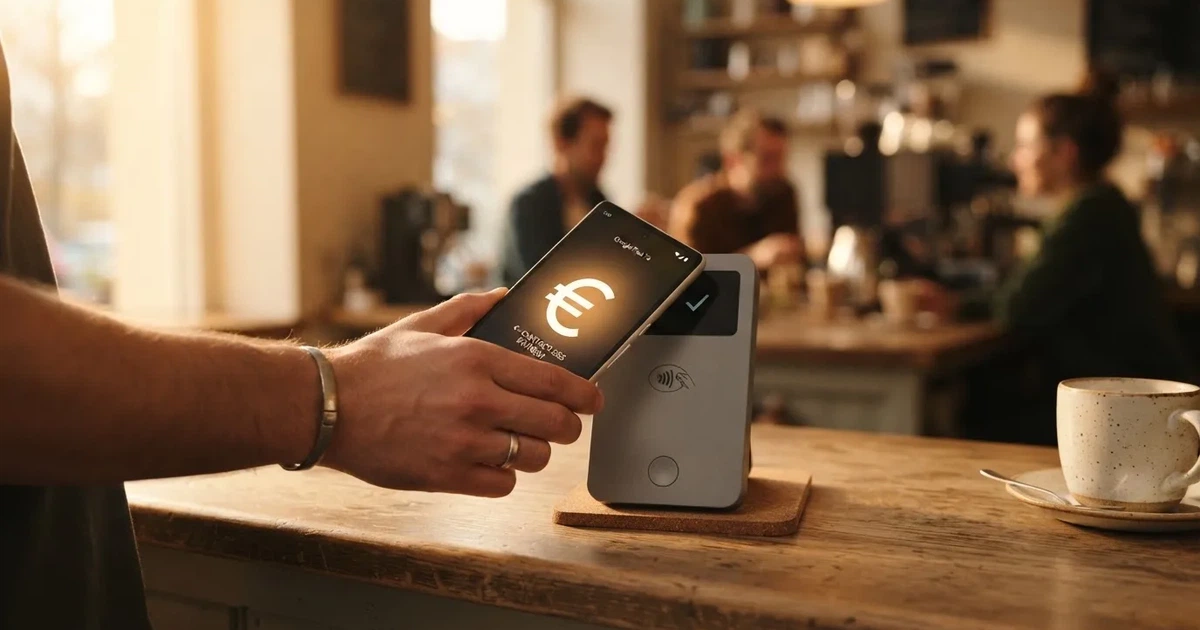 Eine Hand hält ein Smartphone dicht an ein Kartenlesegerät ohne erkennbare Beschriftung in einem Café.