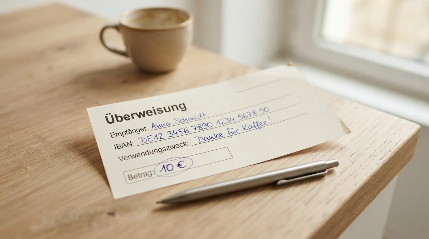 Eine Bankkarte ohne Aufdruck liegt neben einem Kugelschreiber auf einer Arbeitsplatte aus hellem Holz.