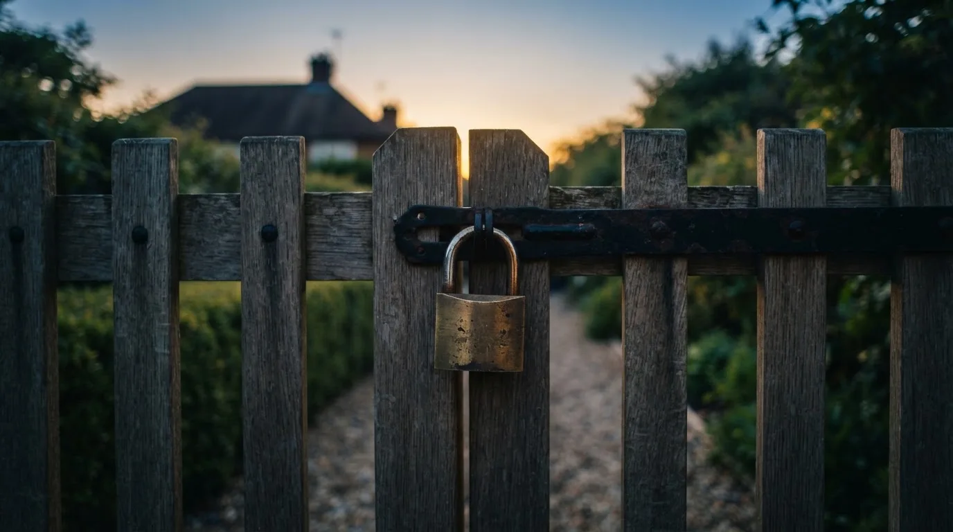 Ein Vorhängeschloss hängt an einem Gartentor im Abendlicht, dahinter ein unscharfer Weg.
