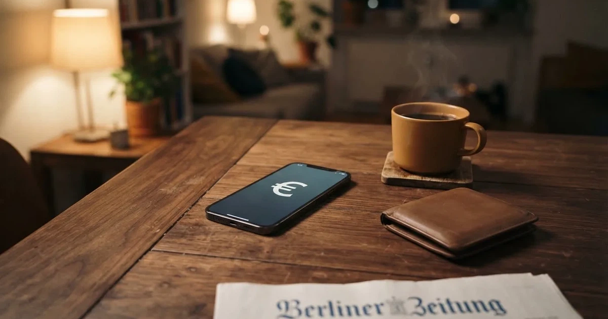Ein Smartphone mit dunklem Display liegt auf einem Tisch neben einer Geldbörse und einer Tasse Kaffee.