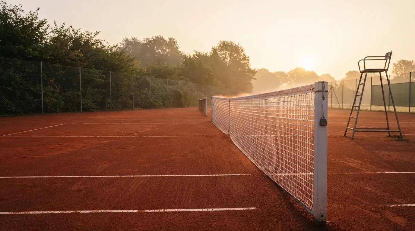 Ein Tennisplatz aus Sand bei Sonnenaufgang, das Netz im Gegenlicht, kein Mensch zu sehen.