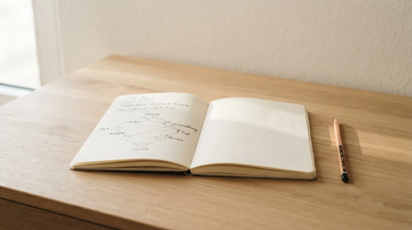 Ein Notizbuch mit handgezeichneten Knoten und Linien liegt neben einem Bleistift auf einem Schreibtisch.