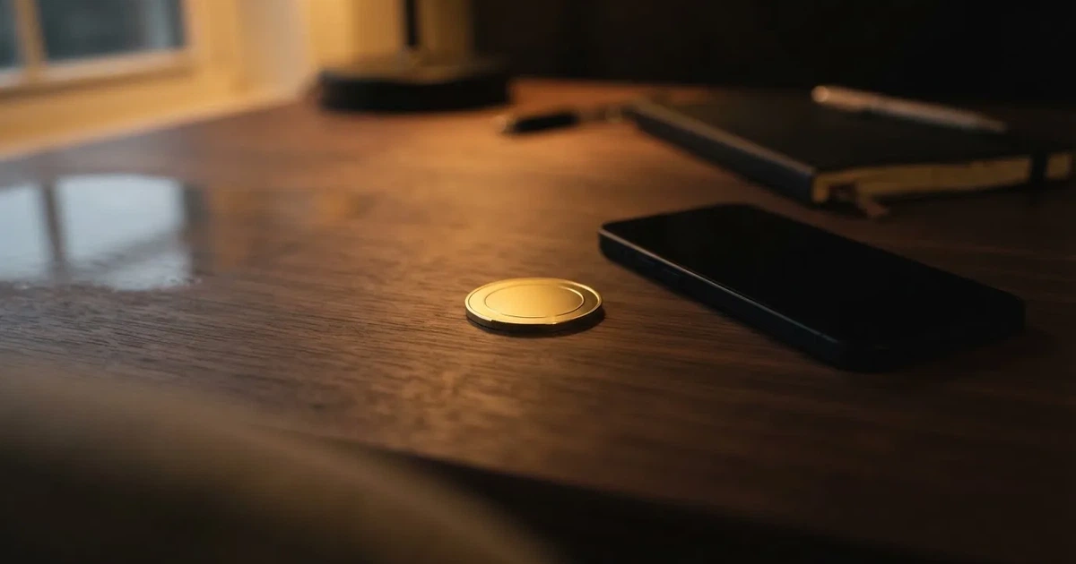 Eine einzelne goldfarbene Münze ohne Prägung liegt auf einem dunklen Tisch, daneben ein ausgeschaltetes Smartphone.