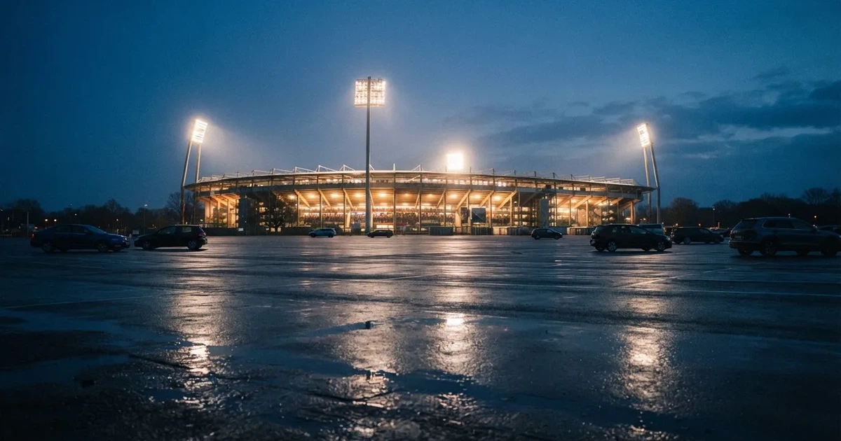 Ein Stadion unter Flutlicht aus großer Entfernung gesehen, davor ein regennasser Parkplatz in der Dämmerung.
