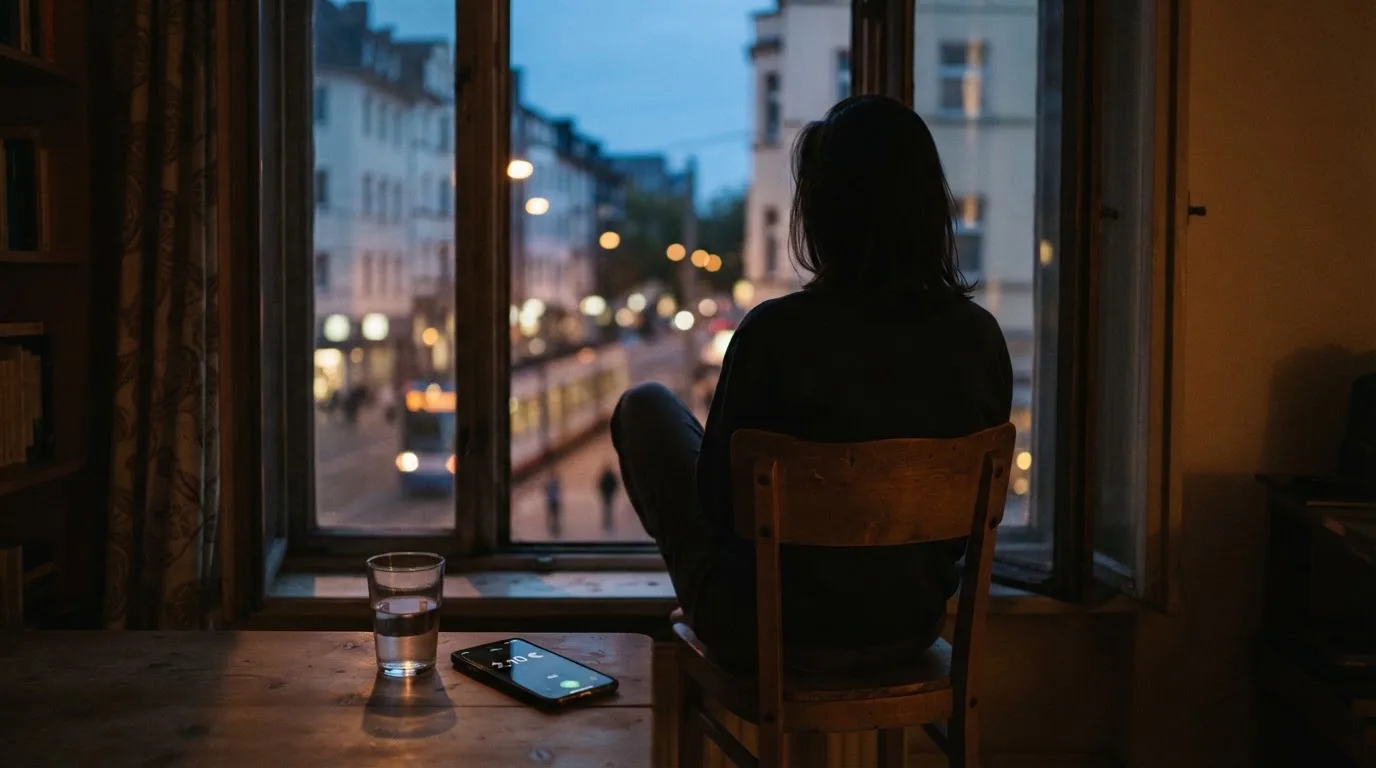 Die Silhouette einer Person sitzt am Abend am Fenster und blickt auf eine Straße, auf dem Fensterbrett steht ein Glas Wasser.