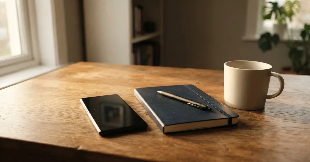 Ein Holzschreibtisch im Morgenlicht mit geschlossenem Notizbuch, Kugelschreiber und Kaffeetasse, daneben ein Smartphone mit dunklem Bildschirm.