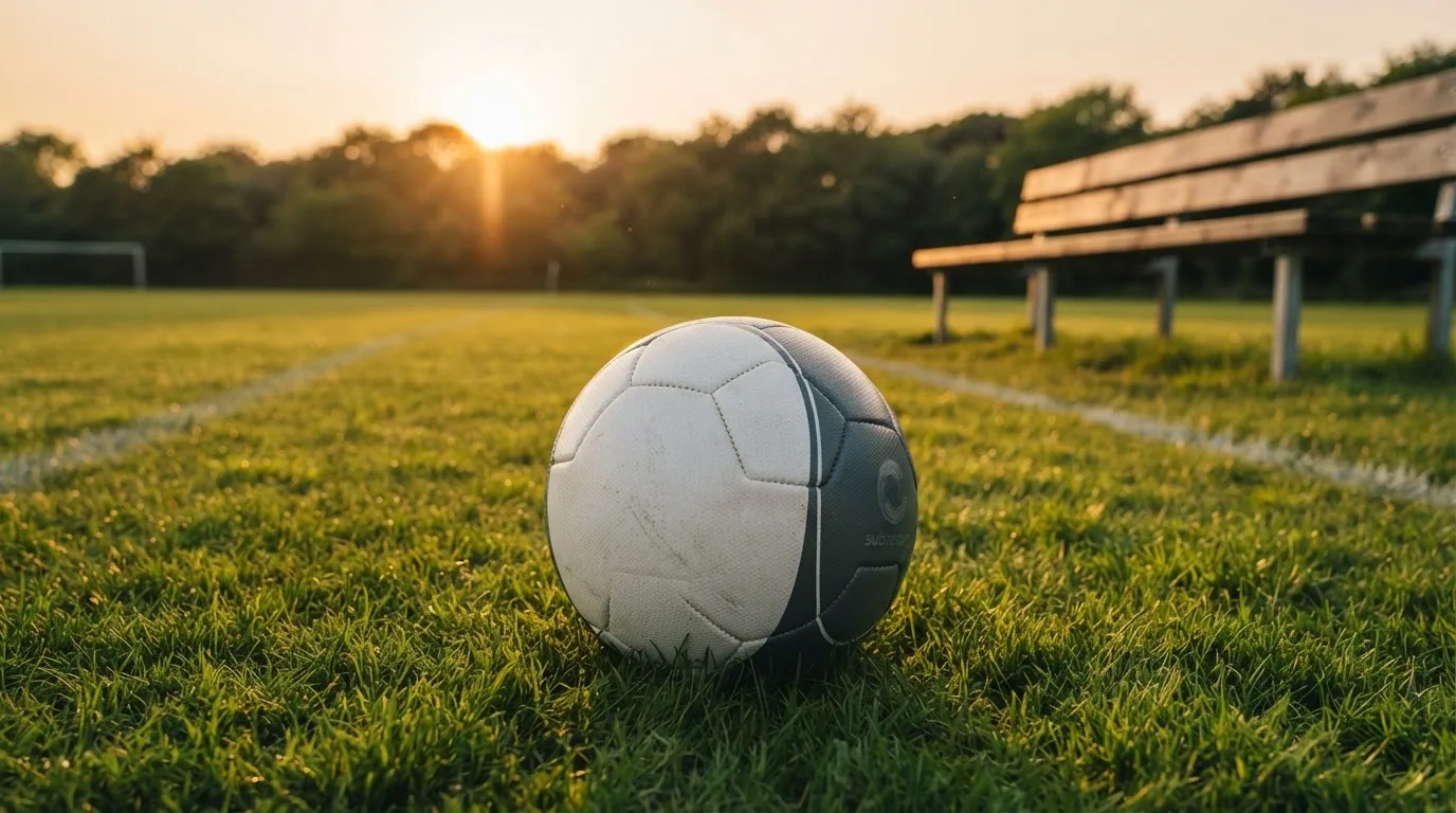 Ein Fußball auf einem Rasenplatz im Gegenlicht der tiefstehenden Sonne, am Spielfeldrand eine leere Ersatzbank.