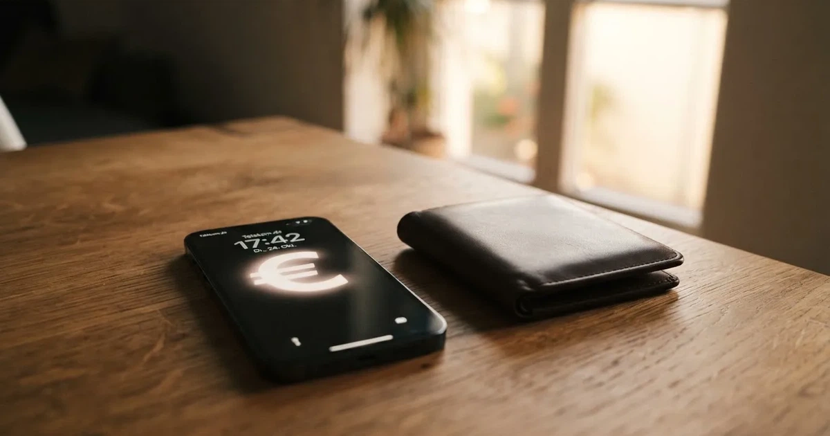 Ein Smartphone mit dunklem Bildschirm liegt neben einer Geldbörse und wenigen Münzen auf einem Holztisch im weichen Fensterlicht.