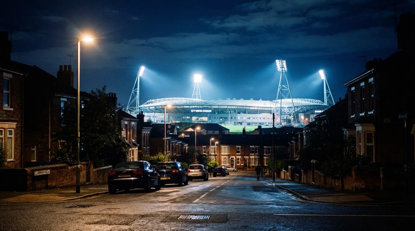 Ein Stadion unter Flutlicht aus der Ferne gesehen, davor eine dunkle Straße mit Laternen und ohne Menschen.