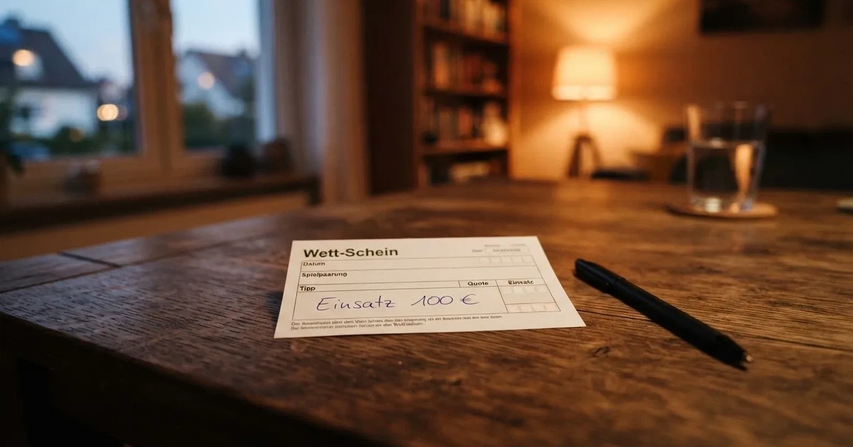 Ein leerer Papier-Wettschein und ein Kugelschreiber liegen auf einem Tisch, daneben ein kleiner Stapel Münzen.