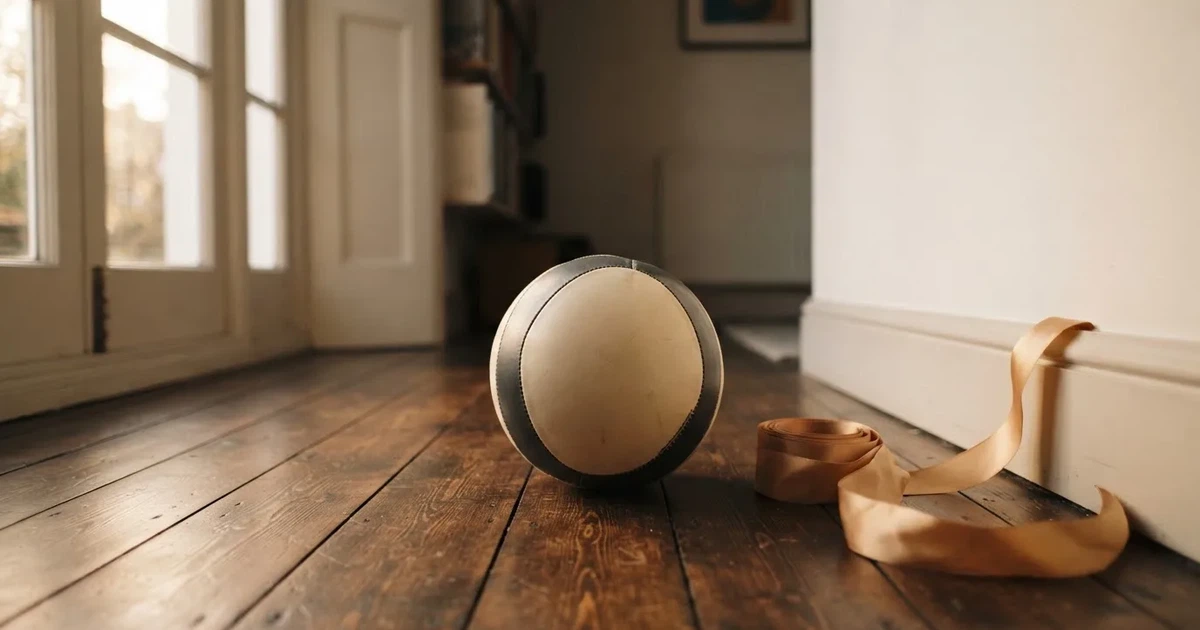 Ein Geschenkband liegt neben einem Fußball auf einem Holzboden, gedämpftes Licht fällt von einem Fenster herein.