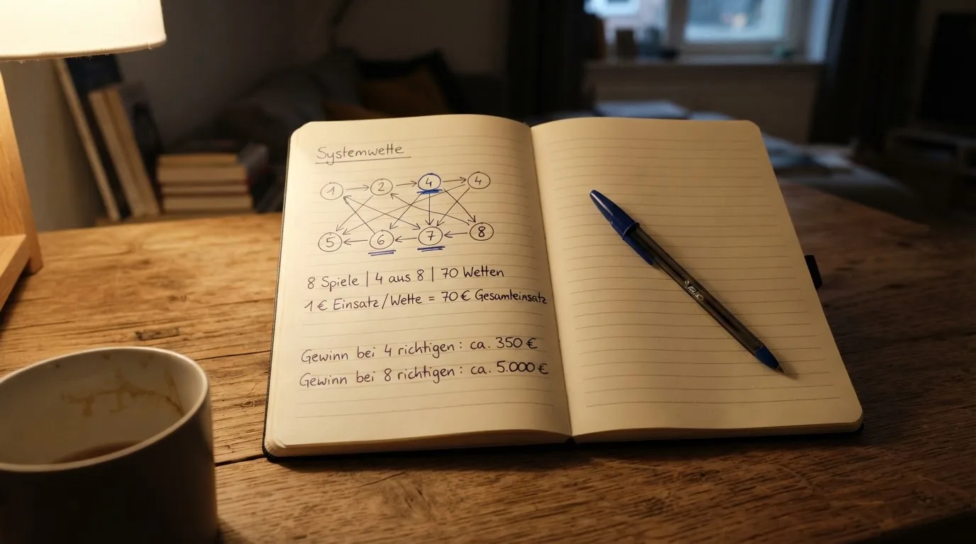 Ein Notizbuch mit handgezeichneten Pfeilen und Kreisen liegt neben einem Kugelschreiber auf einem Schreibtisch im Abendlicht.
