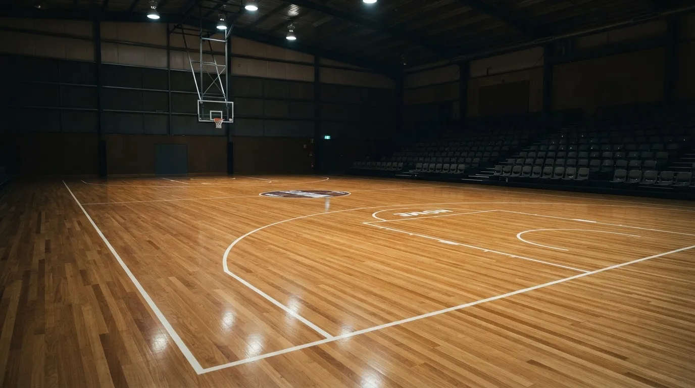Ein Basketballfeld in einer leeren Halle, das Parkett spiegelt das Licht der Deckenlampen.