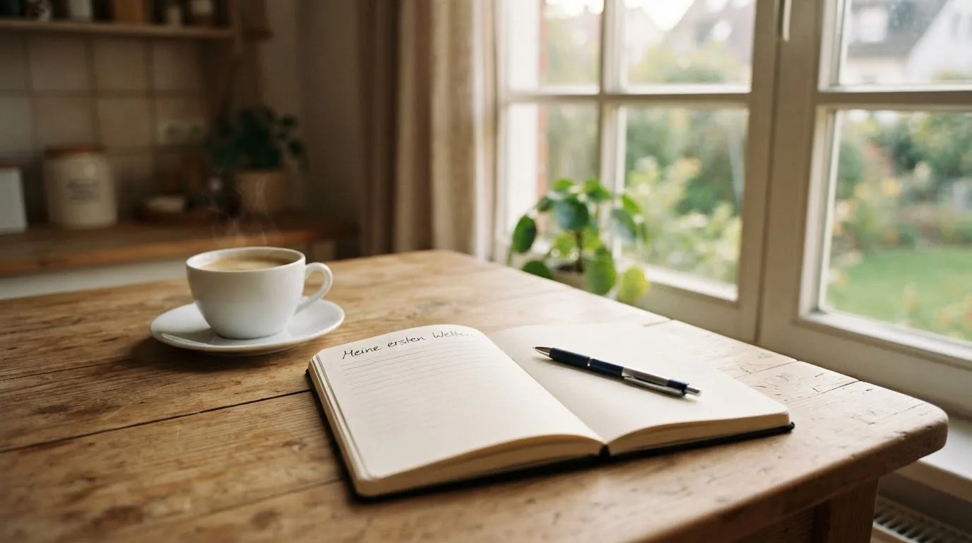 Eine Tasse Kaffee, ein Kugelschreiber und ein aufgeschlagenes leeres Notizbuch auf einem Küchentisch am Fenster.