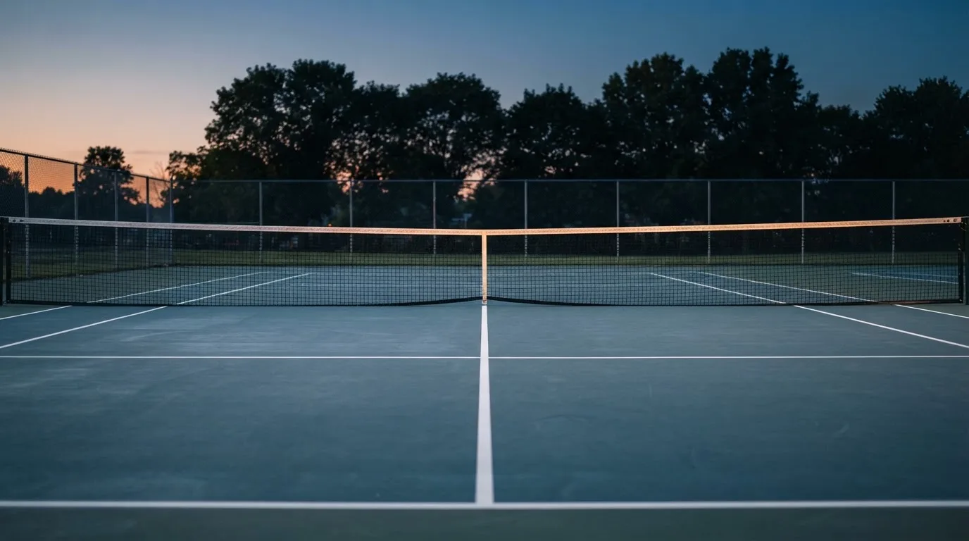 Ein Tennisplatz in der Dämmerung, Netz und Linien im Zwielicht, ohne Menschen und mit ruhigem Himmel.