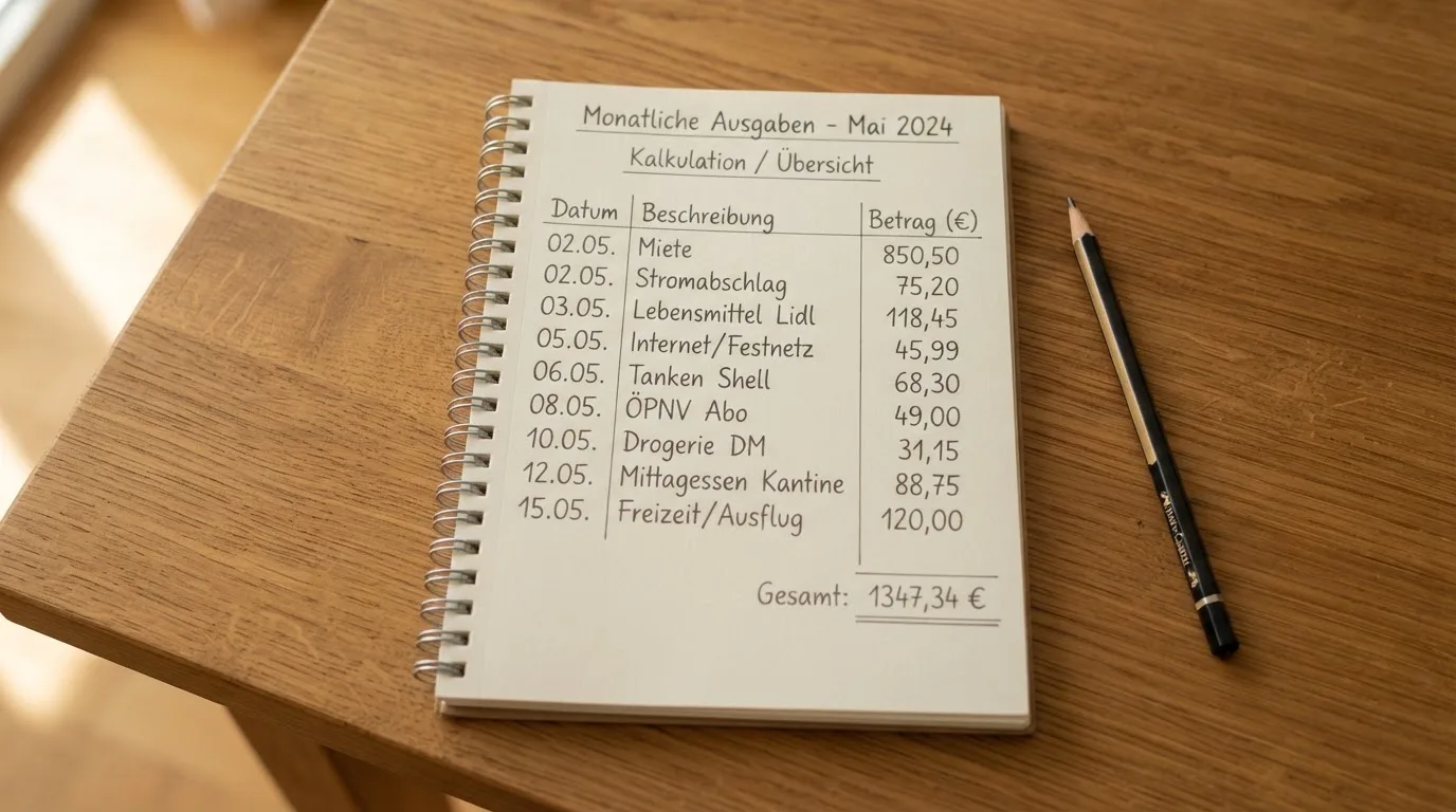 Ein Taschenrechner und ein Notizblock mit handgeschriebenen Zahlenreihen auf einem Holztisch, daneben ein Bleistift.