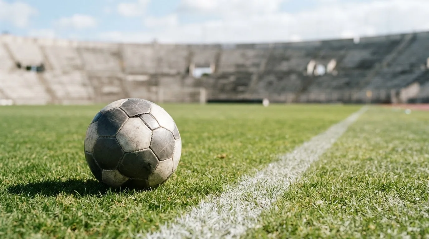Ein Fußball liegt am Spielfeldrand eines Rasenplatzes, im Hintergrund eine leere Tribüne unter hellem Himmel.