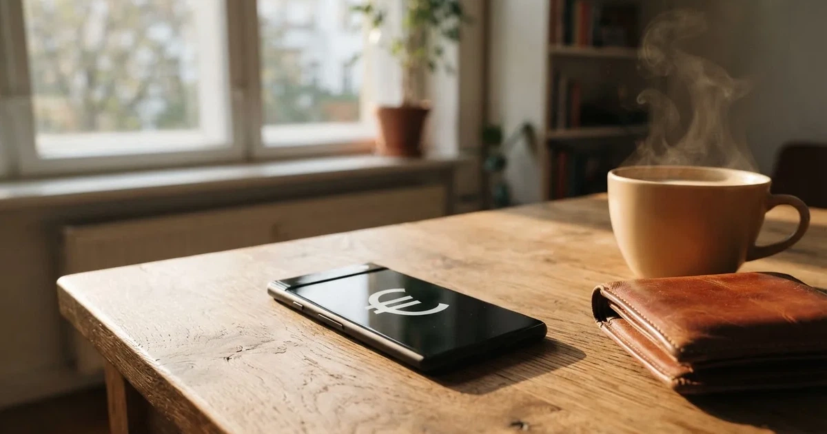 Ein Smartphone mit dunklem Bildschirm liegt auf einem Holztisch neben einem Portemonnaie und einer Kaffeetasse im Fensterlicht.