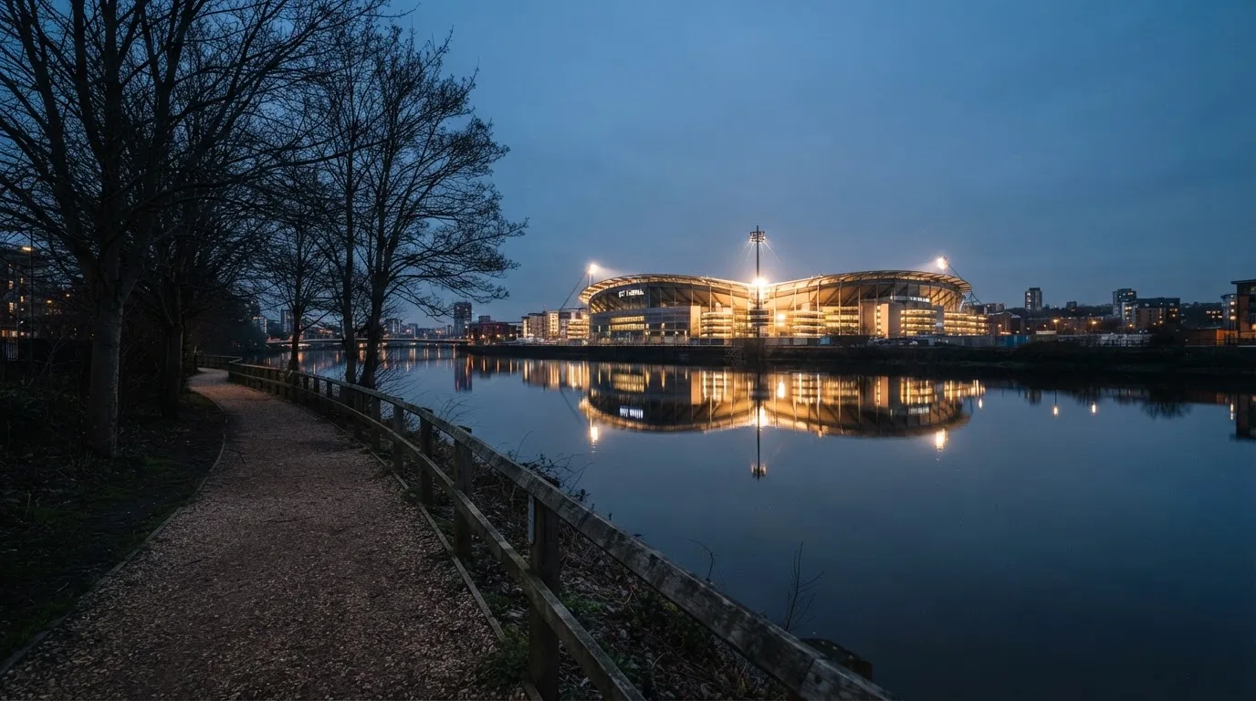 Ein Stadion unter Flutlicht aus der Ferne gesehen, im Vordergrund ein ruhiger Fluss und ein Fußweg.