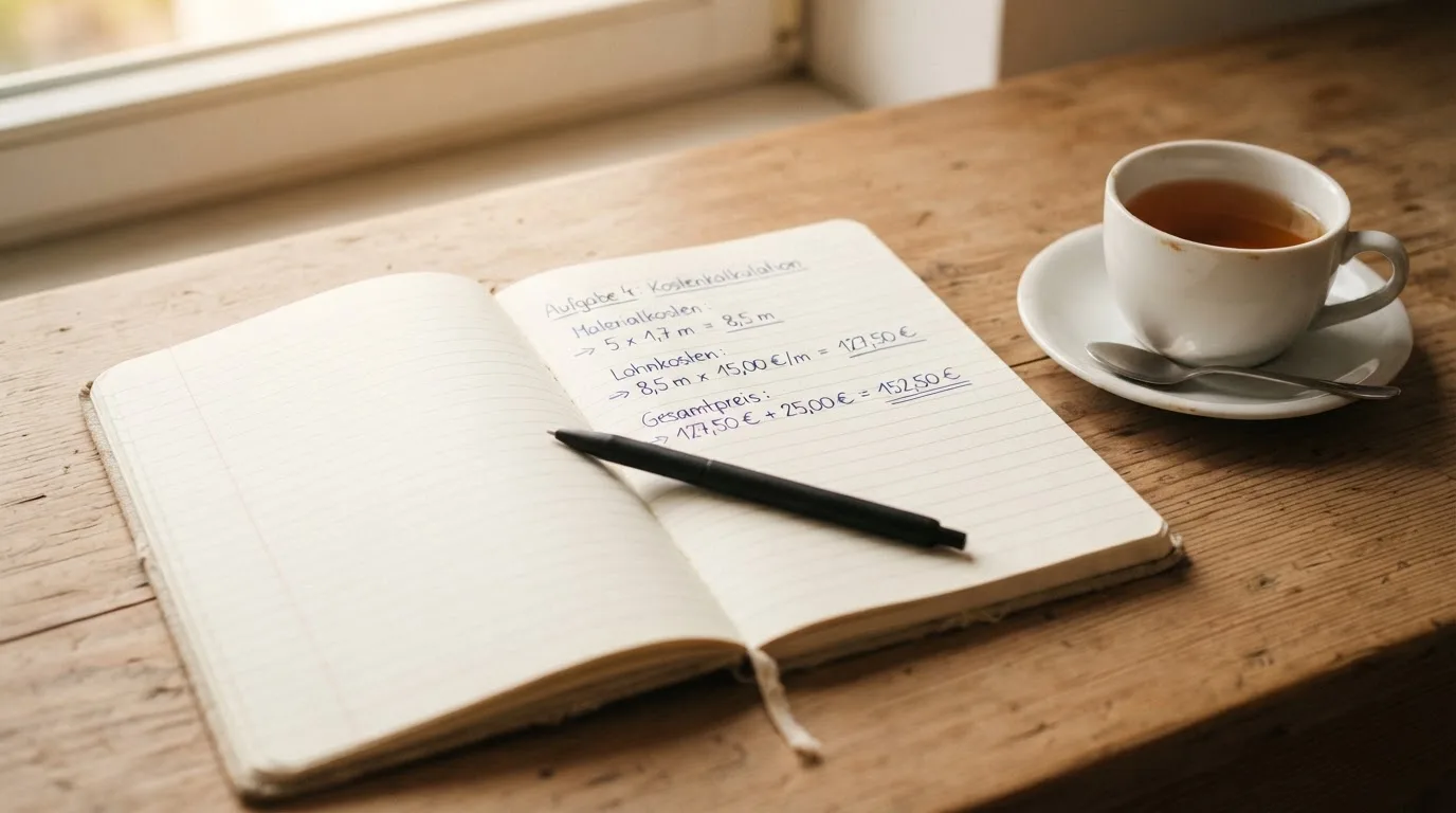 Ein Notizbuch mit handgeschriebenen Rechnungen und ein Taschenrechner auf einem Schreibtisch neben einer Teetasse.