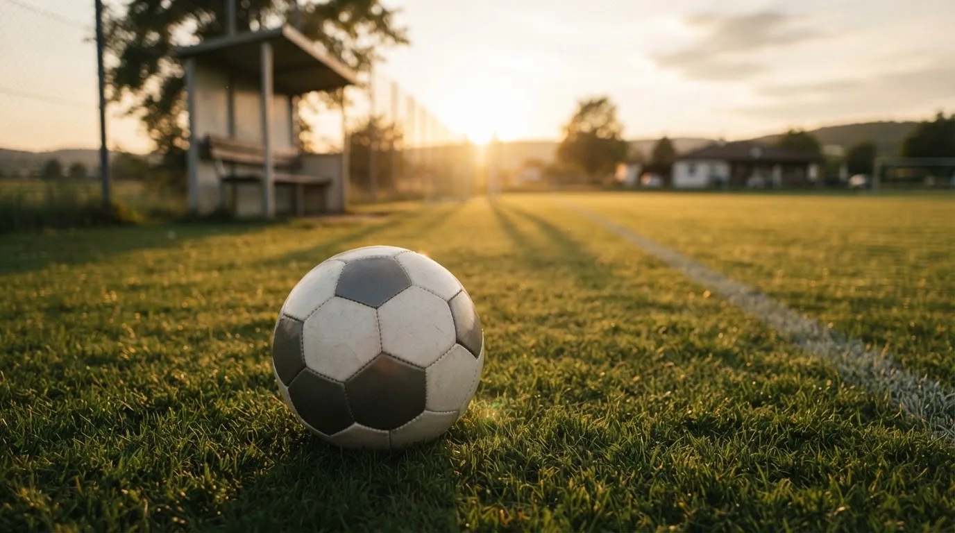 Ein Fußball auf einem Rasenplatz im Gegenlicht der tiefstehenden Sonne, am Rand eine leere Ersatzbank.
