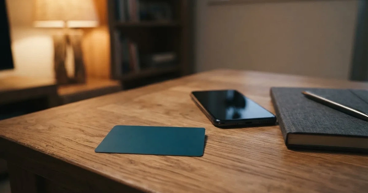 Eine Plastikkarte ohne Aufdruck liegt auf einem Holztisch neben einem Smartphone mit dunklem Bildschirm und einem Notizbuch.