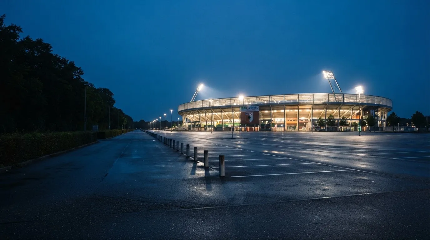 Ein Stadion unter Flutlicht aus der Ferne gesehen, davor ein leerer Parkplatz in der Dämmerung.