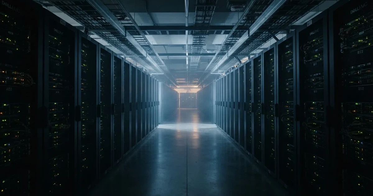 Ein Serverraum mit Reihen schwarzer Schränke und blinkenden Lichtern in kühlem Licht, ohne Menschen.
