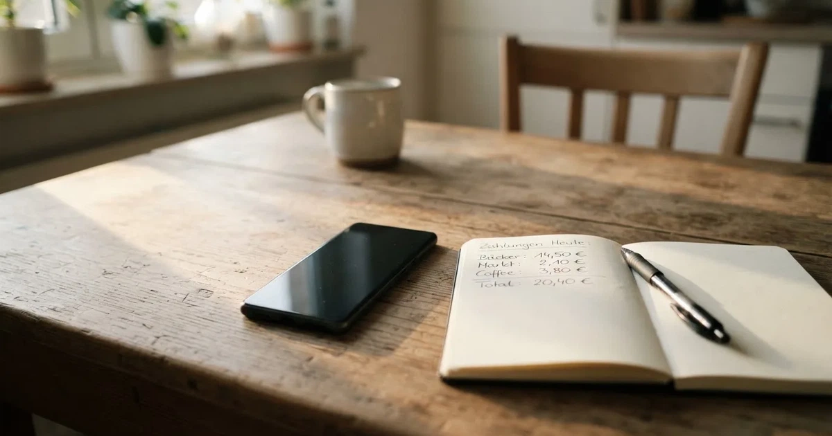 Ein Taschenrechner, ein Stift und ein Smartphone mit dunklem Bildschirm liegen auf einem Küchentisch im Morgenlicht.
