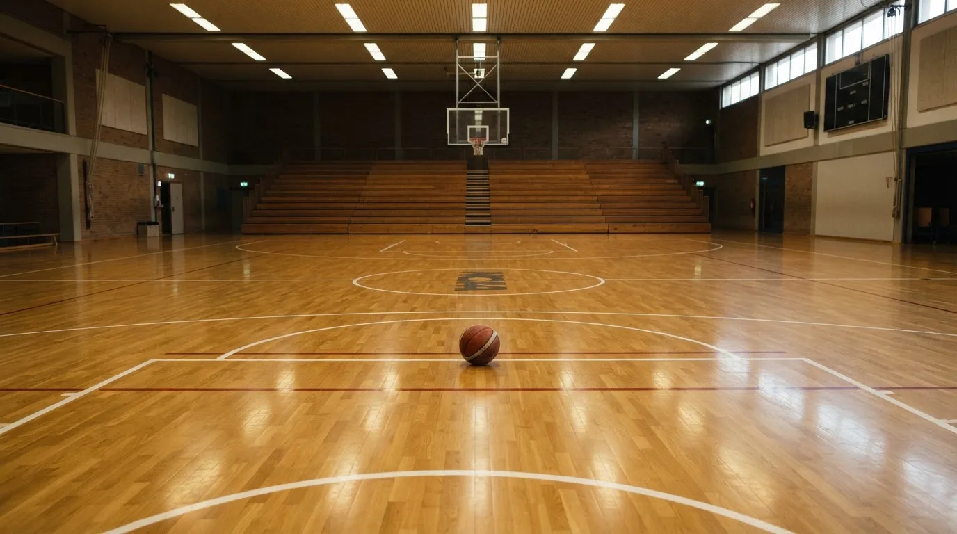 Ein Basketballfeld in einer leeren Halle, das Parkett spiegelt das Deckenlicht.