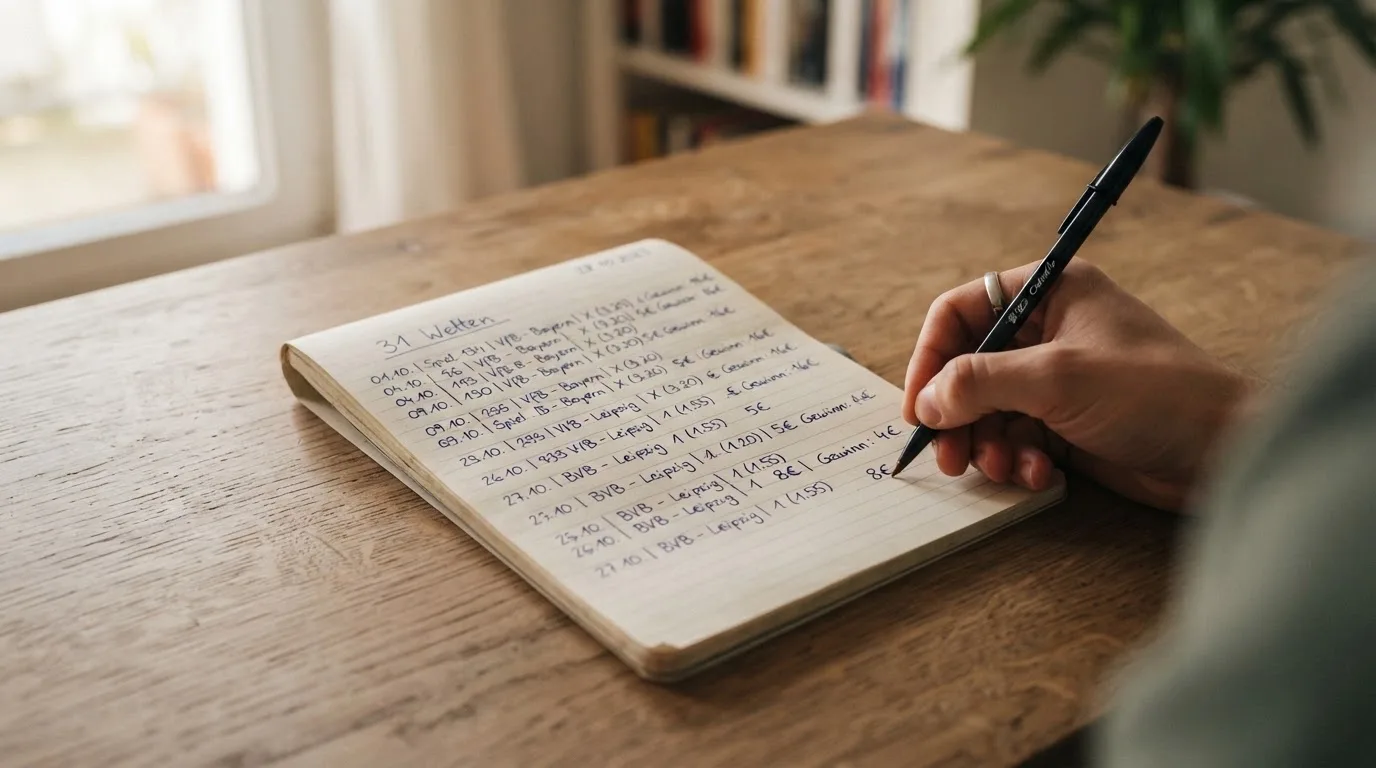 Ein Taschenrechner und ein Notizbuch mit handschriftlichen Zahlenreihen auf einem Schreibtisch neben einem Kugelschreiber.