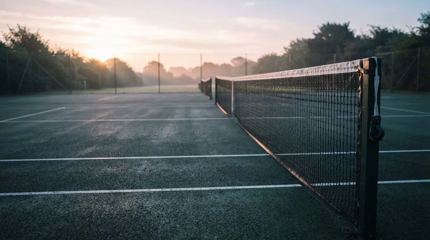 Ein Tennisplatz bei Sonnenaufgang, Netz und Linien im Streiflicht, ohne Menschen.