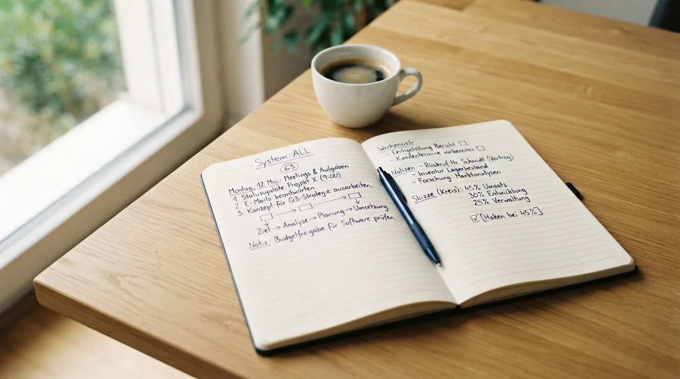 Ein aufgeschlagenes leeres Notizbuch mit Kugelschreiber neben einer Tasse Kaffee auf einem Tisch am Fenster.