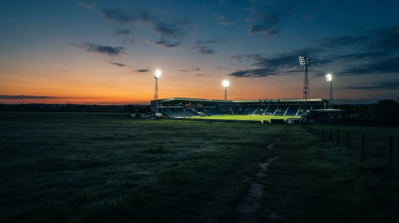 Ein Stadion unter Flutlicht aus der Ferne gesehen, im Vordergrund ein leeres Feld in der Dämmerung.