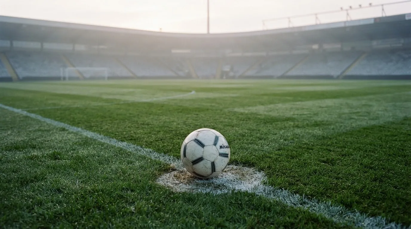 Ein Fußball liegt auf dem Anstoßpunkt eines leeren Rasenplatzes, im Hintergrund hängt Morgendunst über den Tribünen.