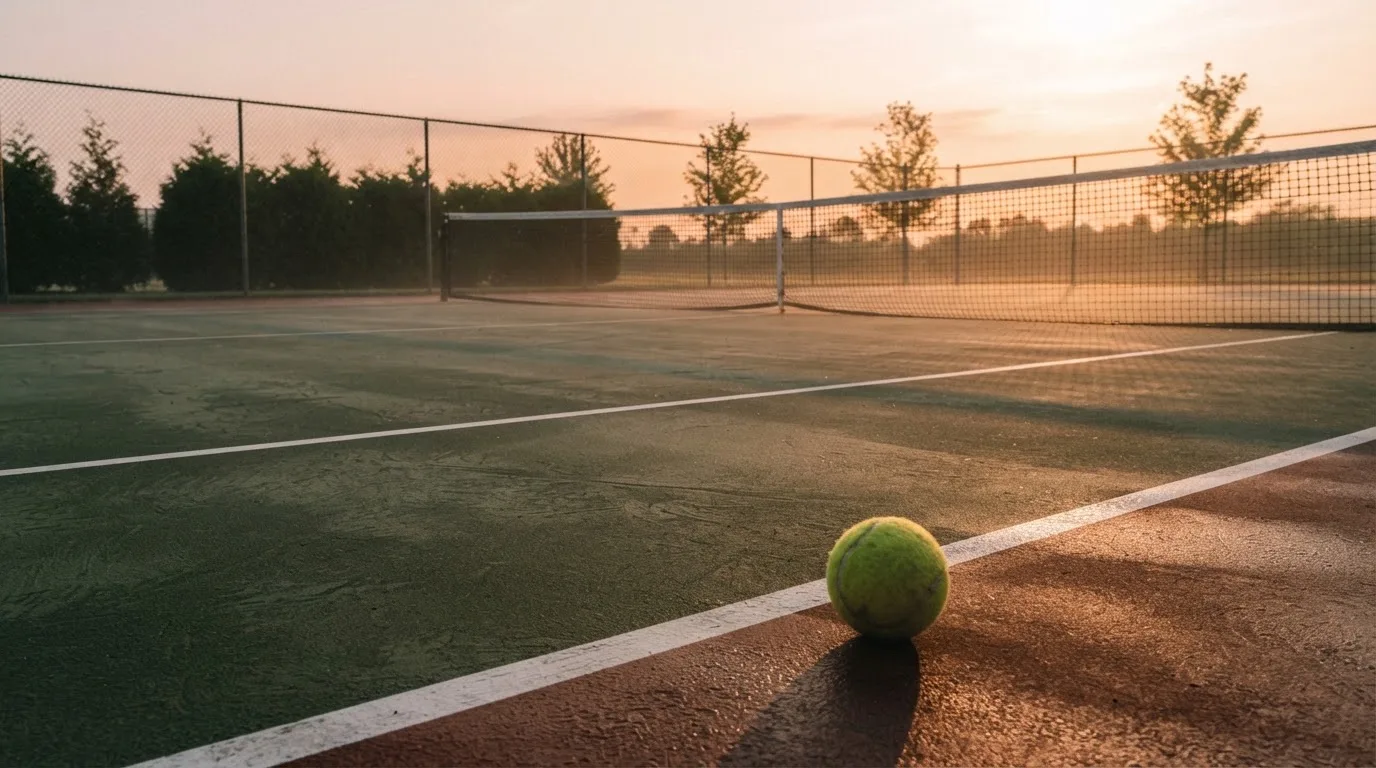 Ein Tennisplatz bei Sonnenaufgang, die Linien noch taufeucht, ein einzelner Ball liegt an der Grundlinie.