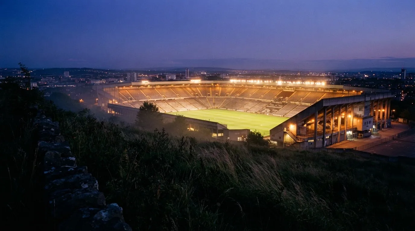 Ein leeres Stadion mit hell erleuchteten Rängen in der Abenddämmerung, von einem Hügel aus fotografiert.