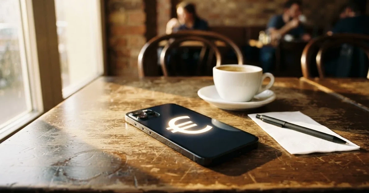 Ein Smartphone liegt mit dunklem Display auf einem Café-Tisch neben einer Tasse Kaffee und einem Kugelschreiber.