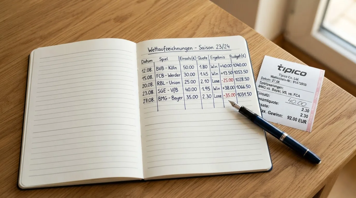 Ein Notizbuch mit handschriftlichen Notizen liegt aufgeschlagen neben einem leeren Papier-Wettschein auf einem Holztisch.