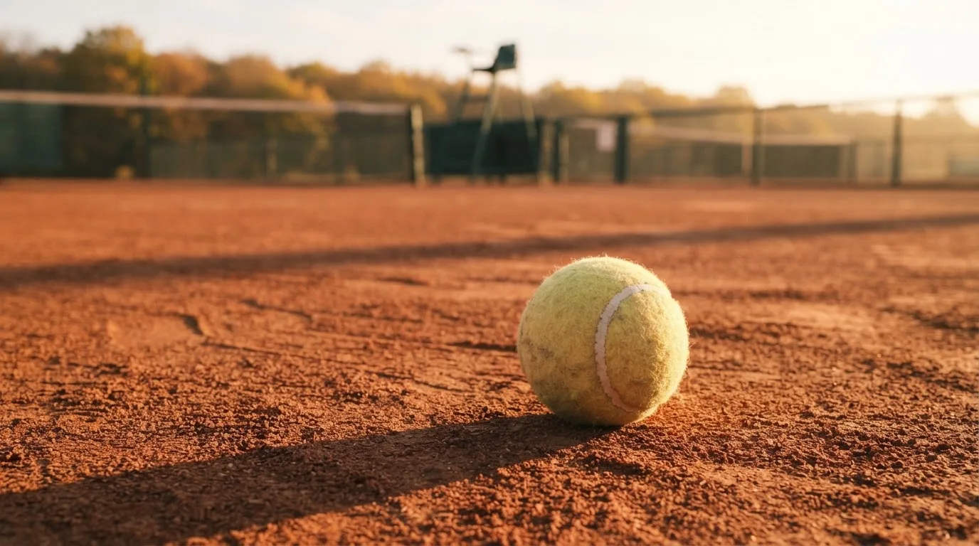 Ein Tennisball liegt auf einem roten Sandplatz bei Sonnenaufgang, im Hintergrund ein leerer Schiedsrichterstuhl.