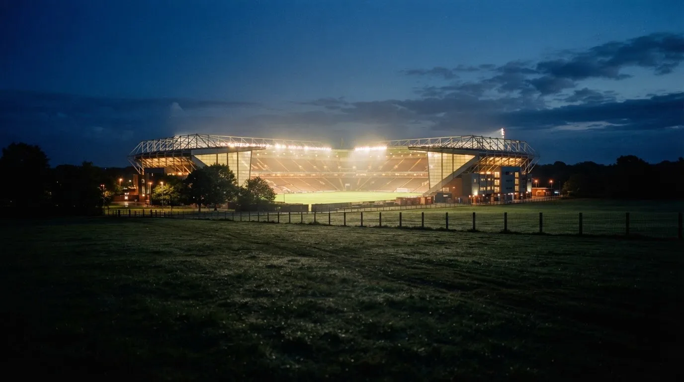 Ein Stadion unter Flutlicht aus der Ferne, davor ein stilles Feld im Dämmerlicht.